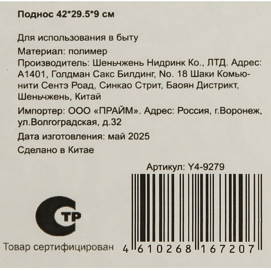 Поднос пластик, 42*29.5*9, Y4-9279