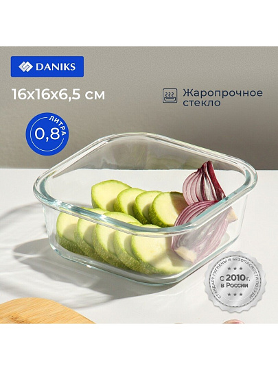 Контейнер пищевой жаропрочное стекло, 0.8 л, 16х16х6.5 см, прямоугольный, с бамбуковой крышкой, Y4-6574