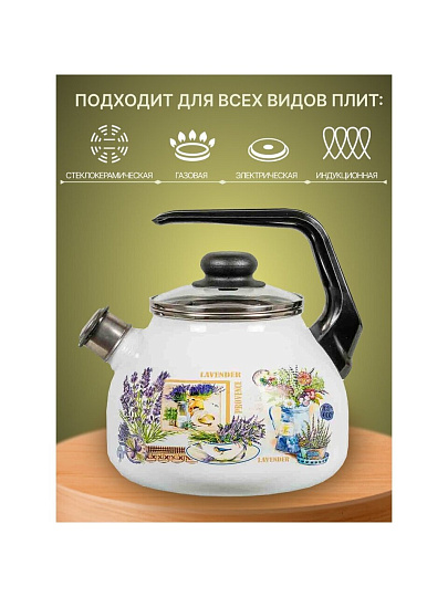 Чайник сталь, эмалированное покрытие, 3 л, со свистком, ручка консольная, СтальЭмаль, Горная лаванда, индукция, 4с209я