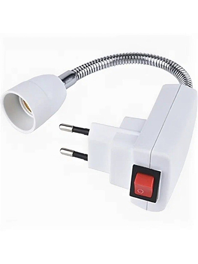 Переходник E14, гибкий, с выключателем, вилка-патрон, 150мм, белый, Ecola, Base, APF4NWEAY