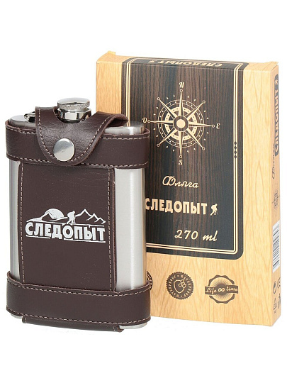 Фляжка 270 мл, в кожаном чехле с тиснением, коричневая, Следопыт, Flage, PF-BD-F15