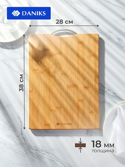 Доска разделочная бамбук, 38х28х1.8 см, с ручкой, прямоугольная, Daniks, H-1080L