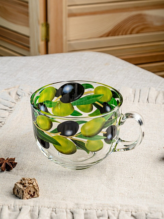 Бульонница стекло, 450 мл, с ручкой, Оливки, Декостек, 2027-Д