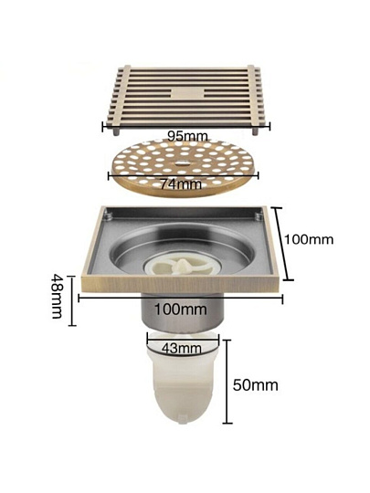 Трап канализационный прямой, 50 мм, 100х100 мм, Gappo, латунь, бронза, G81004-4