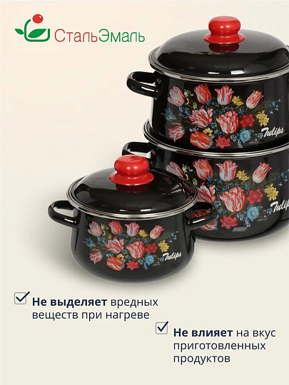 Набор посуды эмалированная сталь, 6 предметов, кастрюли 2,4,5.5 л, индукция, СтальЭмаль, Букет тюльпанов, 1с408