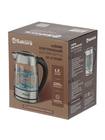 Чайник электрический Sakura, SA-2720SBK, 1.7 л, 1850-2200 Вт, скрытый нагревательный элемент, стекло