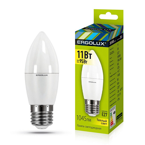 Лампа светодиодная Свеча 11Вт E27 3000K 180-240В Ergolux LED-C35-11W-E27-3K