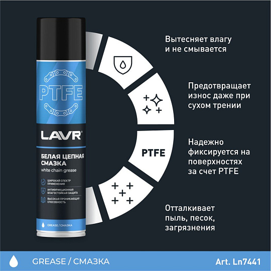 Смазка цепная Lavr, с PTFE, белая, 400 мл, аэрозоль, Ln1741