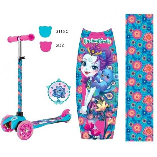 Самокат трехколесный, детский, колеса 120, 80 мм, управление наклоном, регулируемая рулевая стойка, подсветка колес, Enchantimals, S00022-ENC