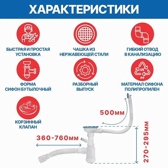 Сифон для кухни, гофрированный, 360 мм, 3.1/2"х40х295 мм, полипропилен, с выпуском, с переливом, перелив круглый, квадратный, 2 перелива, отвод стиральной машины, 40х40/50, MasterProf, ИС.110637