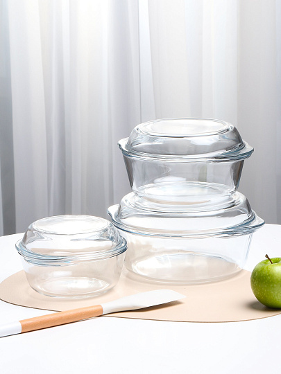 Набор форм для запекания жаропрочное стекло, 3 шт, 0.84, 1.45, 2.1 л, 16х19х10, 19х22х10.5, 22х26х11.5 см, круглый, с крышкой, Borcam, 159021