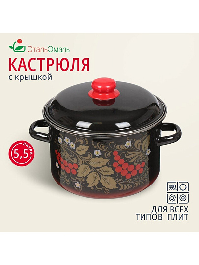 Кастрюля эмалированная сталь, 5.5 л, крышка сталь, цилиндрическая, СтальЭмаль, Рябина, 7RD221M/7RD221S, в ассортименте, индукция