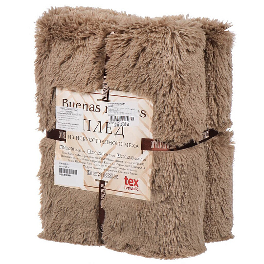Плед евро, 220х240 см, искусственный мех, 100% полиэстер, Buenas Noches, Длинный ворс, бежевый, 94382