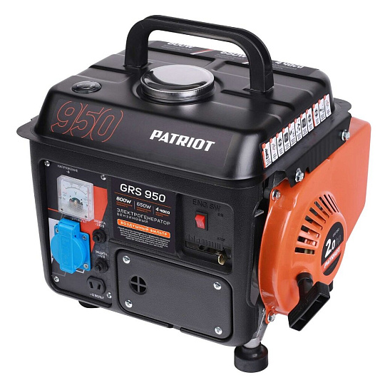 Генератор бензиновый, Patriot, GRS 950, 0.8 кВт, двухтактный, 2 л.с., 16 А, выход 12 В, ручной стартер, 476102219