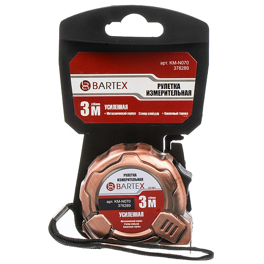 Рулетка 3 м, металл, 16 мм, автостоп, с фиксатором, Bartex, KM-N070