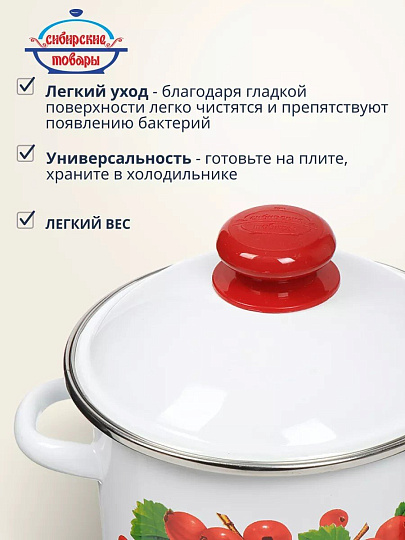 Кастрюля эмалированная сталь, 2 л, крышка сталь, цилиндрическая, Сибирские товары, Калина красная, 1MD161M, индукция
