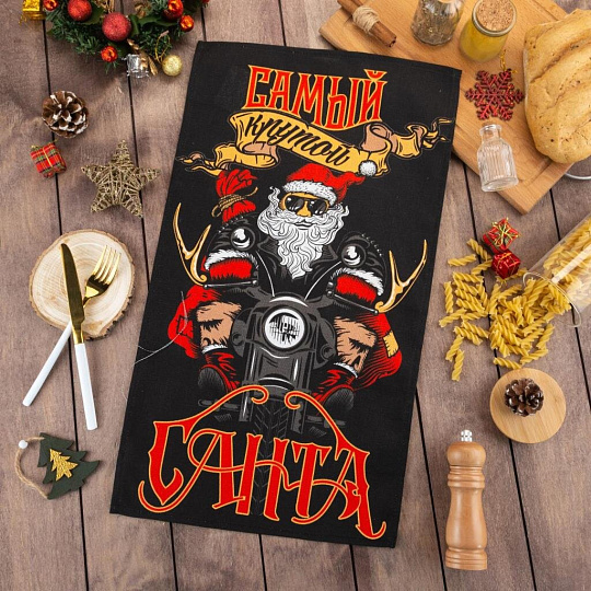 Полотенце кухонное вафельное, 35х60 см, 160 г/м2, 100% хлопок, Доляна, Крутой Санта, Россия, 5059214