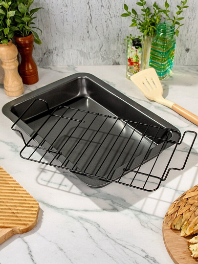 Форма для запекания сталь, 27х37.5х4.5 см, антипригарное покрытие, прямоугольная, с металлической решеткой, Daniks, KB19015