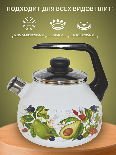 Чайник сталь, эмалированное покрытие, 3 л, со свистком, ручка консольная, СтальЭмаль, Авокадо, индукция, 4с209я