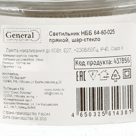 Светильник General Lighting Systems, НББ 64-60-025, 60 Вт, E27, на 1 лампочку, IP40, 18х18х14 см, прямой, шар-стекло, 437856