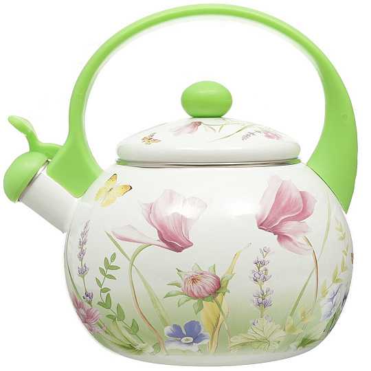 Чайник сталь, эмалированное покрытие, 2 л, со свистком, Appetite, Примавера, индукция, белый, зеленый, FT7-PR