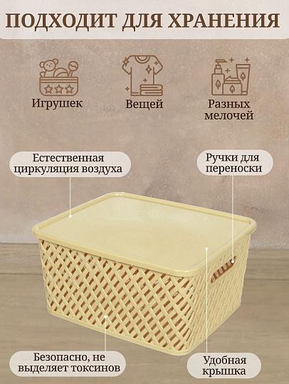 Корзина для хранения, 35х29х17.5 см, прямоугольная, плетеная, пластик, бежевая, с крышкой, Альтернатива, Плетенка, М3557