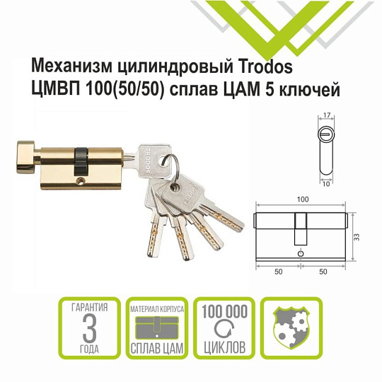 Личинка замка двери Trodos, ЦМВП, 208237, 100 мм, с заверткой, золото, 5 ключей