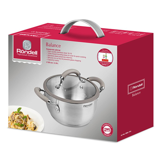 Кастрюля нержавеющая сталь, 2.8 л, крышка стекло, Rondell, Balance, RDS-754, индукция
