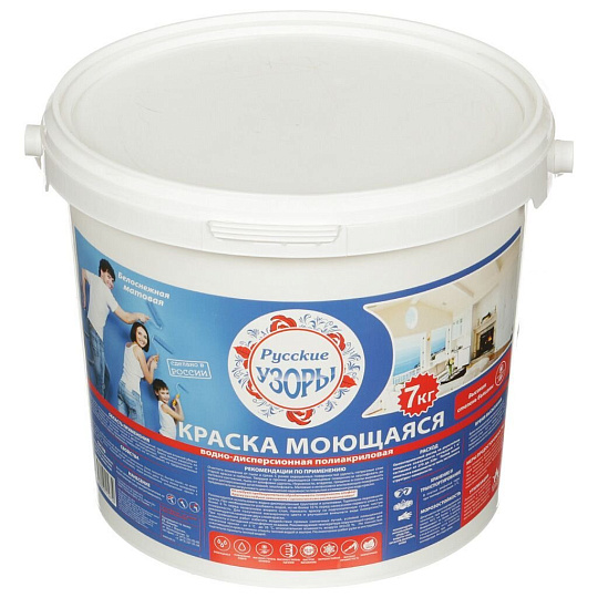 Краска водно-дисперсионная, Русские узоры, полиакриловая, универсальная, моющаяся, влагостойкая, матовая, 7 кг