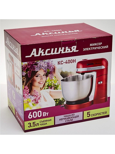 Миксер стационарный, Аксинья, КС-400Н, 3.5 л, 600 Вт, 5 скоростей, 4 насадки, красный