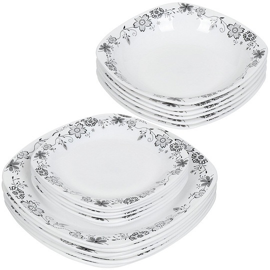 Сервиз столовый керамика, 18 предметов, на 6 персон, Olaff, Цветы черные на белом, JY-S-18-08