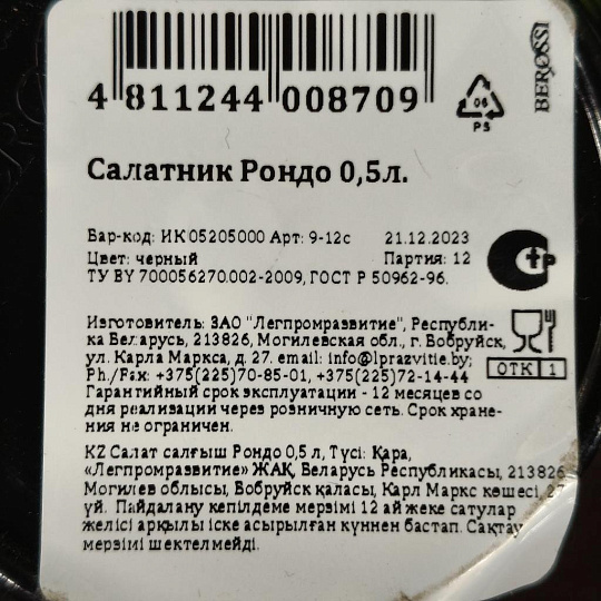 Салатник пластик, квадратный, 12.5х6.6 см, 0.5 л, Рондо, Berossi, ИК05205000, черный