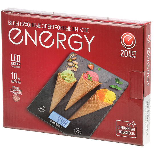 Весы кухонные электронные, стекло, Energy, EN-433С, платформа, 10 г, до 10 кг, LCD-дисплей, 110074