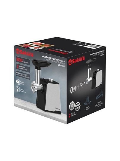 Мясорубка электрическая Sakura, SA-6430, 1800 Вт, реверс, 0.9 кг/мин, пластик, 2 насадки