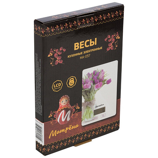 Весы кухонные электронные, стекло, Матрена, МА-037 Тюльпаны, платформа, точность 1 г, до 7 кг кг, LCD-дисплей, 007833