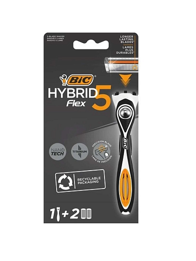 Станок для бритья Bic, Hybrid 5 Flex, для мужчин, 5 лезвий, 2 сменные кассеты, 921385