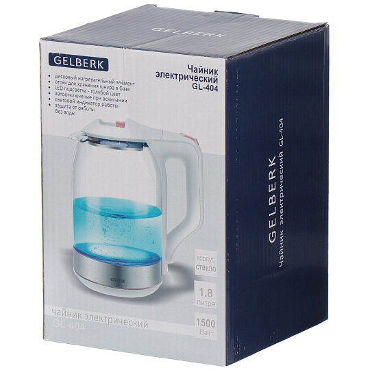 Чайник электрический Gelberk, GL-404, 1.8 л, 1500 Вт, скрытый нагревательный элемент, LED подсветка, стекло