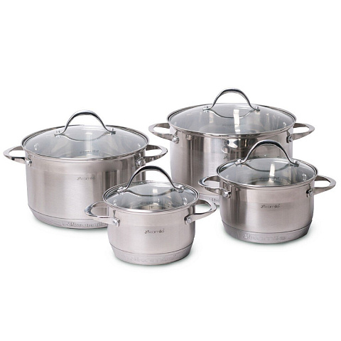 Набор посуды нержавеющая сталь, 8 предметов, кастрюли 1.8, 2.3, 3.3, 5.8 л, индукция, Kamille, 4708S