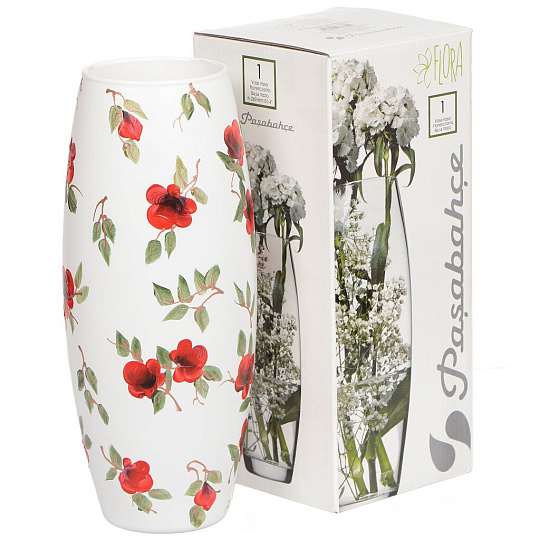 Ваза стекло, настольная, 25х11 см, Яблоко-С, Красные розочки на белом, 7736/250/77-601.4