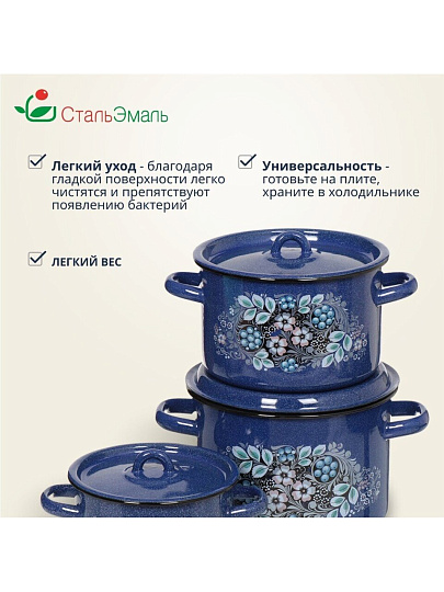 Набор посуды эмалированная сталь, 3 предмета, кастрюли 1.5,2.9,4.5 л, индукция, СтальЭмаль, Голубика, 1с33