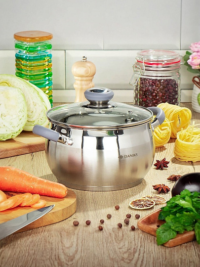 Кастрюля нержавеющая сталь, 2.9 л, крышка стекло, Daniks, Модерн серый, SD-18N, индукция
