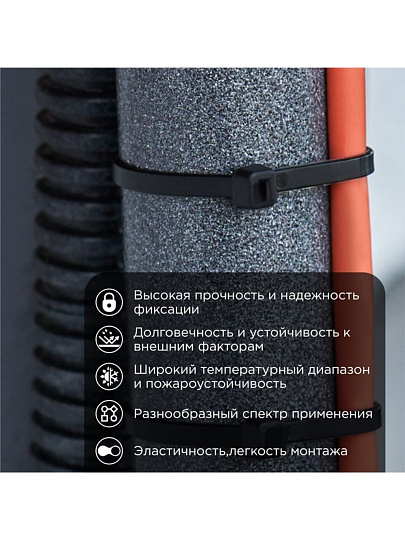 Хомут стяжной кабельный, 4.8х200 мм, нейлон, 100 шт, черный, Rexant, 07-0201-5