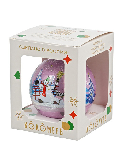 Елочный шар Снеговик и птички, 10 см, стекло, КУ-100-244008