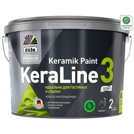 Краска водно-дисперсионная, Dufa Premium, KeraLine 3 База1, акриловая, универсальная, моющаяся, влагостойкая, матовая, 9 л