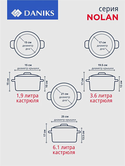 Набор посуды нержавеющая сталь, 6 предметов, кастрюли 1.9, 3.6, 6.1 л, индукция, Daniks, Нолан, GS-01363-6PC