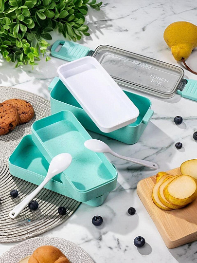 Контейнер пищевой пластик, 8х20х11 см, зеленый, прямоугольный, трехуровневый с приборами, Y4-6464