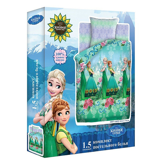 Постельное белье детское 1.5-сп, пр150х214, н70х70, п143х215, поплин, Холодное сердце, Анна и Эльза