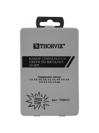 Набор сверл по металлу, 13 шт, Thorvik, TDBS13, HSS TiN, 1.5-6.5 мм, цилиндрический хвостовик, 52480