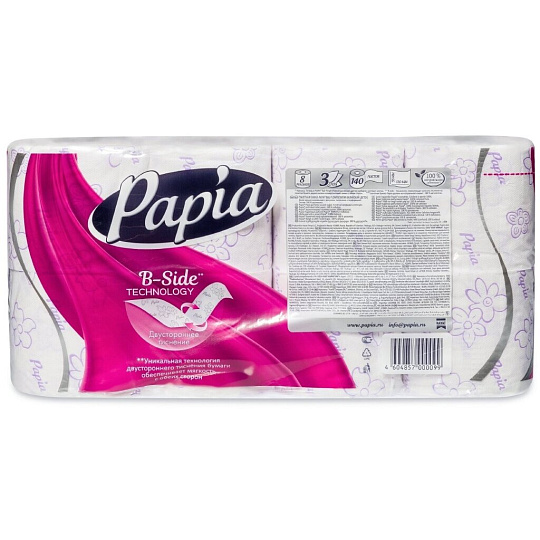 Туалетная бумага Papia, Балийский цветок, 3 слоя, 8 шт, 18.8 м, с втулкой