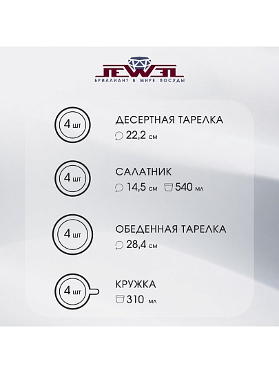 Сервиз столовый керамика, 16 предметов, на 4 персоны, Jewel, Мохито, ПС0016-50